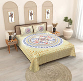 Timeless Mandala Bliss Pure 100% Cotton Double Bedsheet Set - Ochre Yellow & Multi-Color Traditional Design